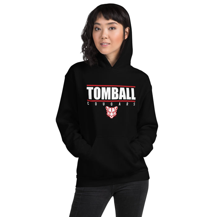 Woman wearing a Tomball High School Cougars Black Classic Unisex Hoodie 07