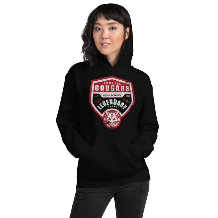 Woman wearing a Tomball High School Cougars Black Classic Unisex Hoodie 14