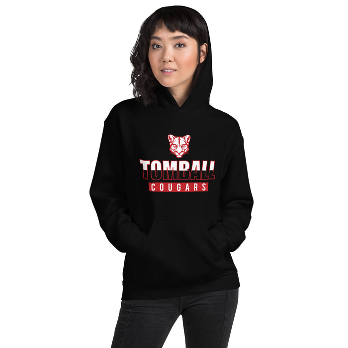 Woman wearing a Tomball High School Cougars Black Classic Unisex Hoodie 23