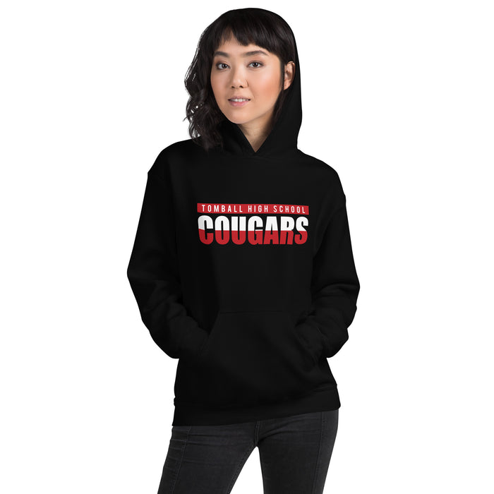 Woman wearing a Tomball High School Cougars Black Classic Unisex Hoodie 25