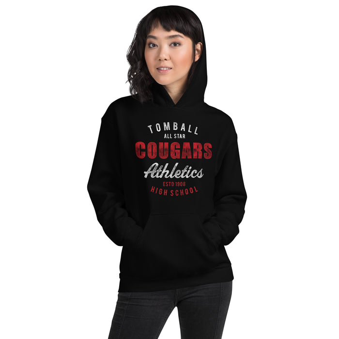 Woman wearing a Tomball High School Cougars Black Classic Unisex Hoodie 34