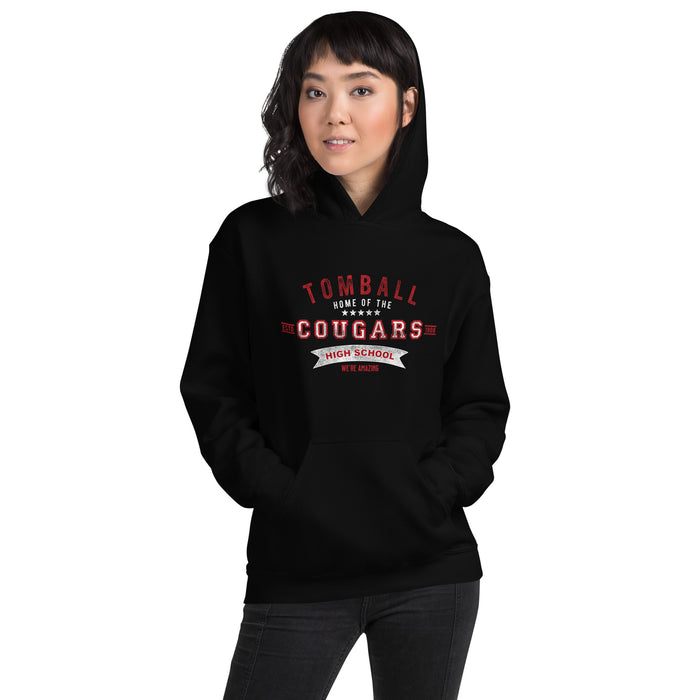 Woman wearing a Tomball High School Cougars Black Classic Unisex Hoodie 96