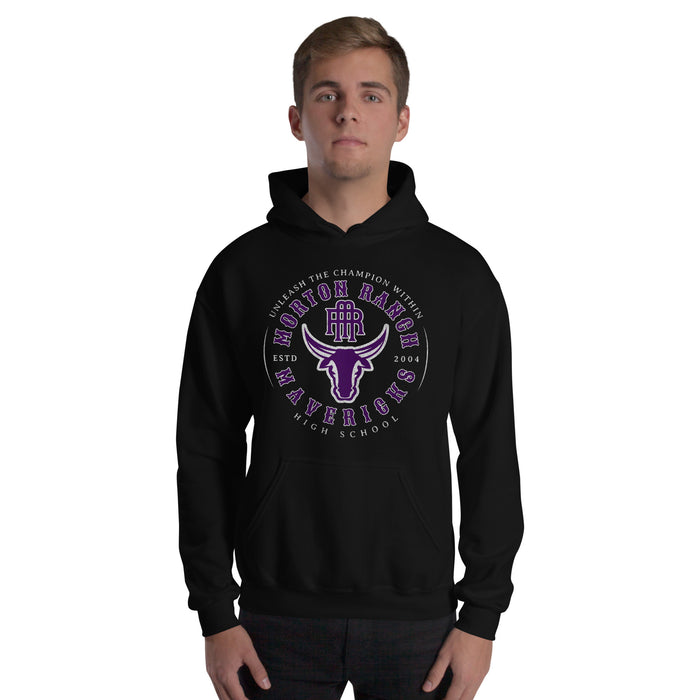 Man wearing a Morton Ranch High School Mavericks Black Classic Unisex Hoodie 203