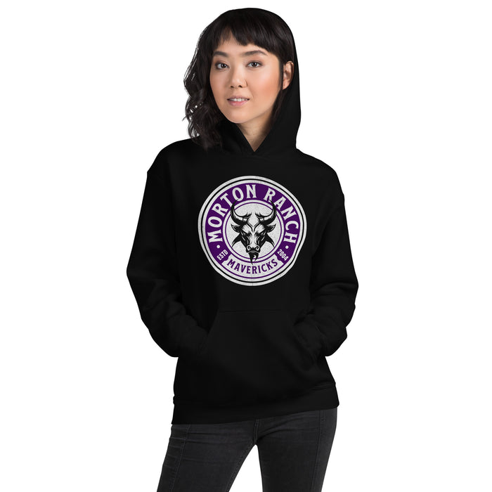 Woman wearing a Morton Ranch High School Mavericks Black Classic Unisex Hoodie 208