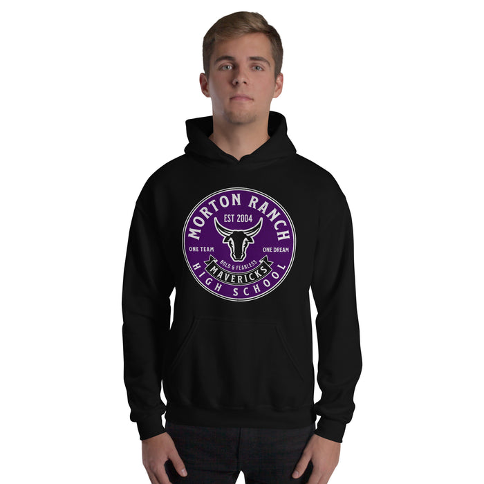 Man wearing a Morton Ranch High School Mavericks Black Classic Unisex Hoodie 209