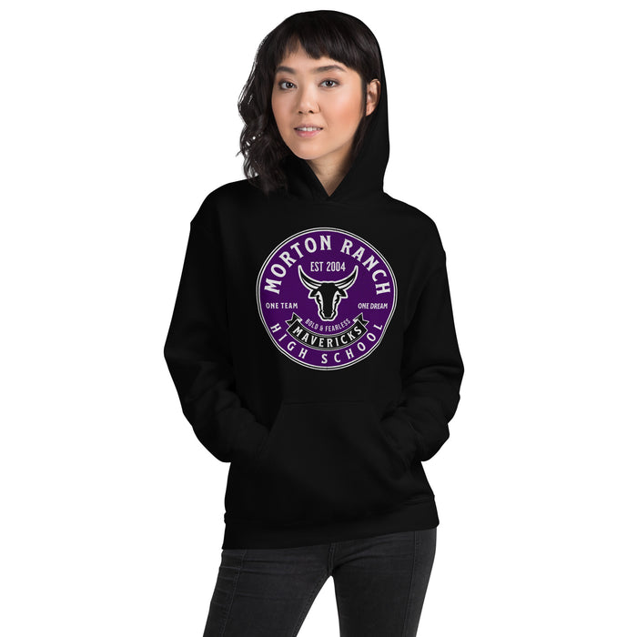 Woman wearing a Morton Ranch High School Mavericks Black Classic Unisex Hoodie 209