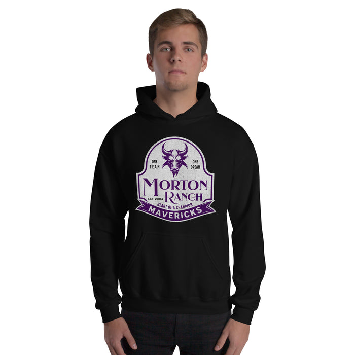 Man wearing a Morton Ranch High School Mavericks Black Classic Unisex Hoodie 210