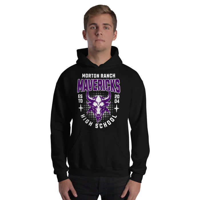 Man wearing a Morton Ranch High School Mavericks Black Classic Unisex Hoodie 212