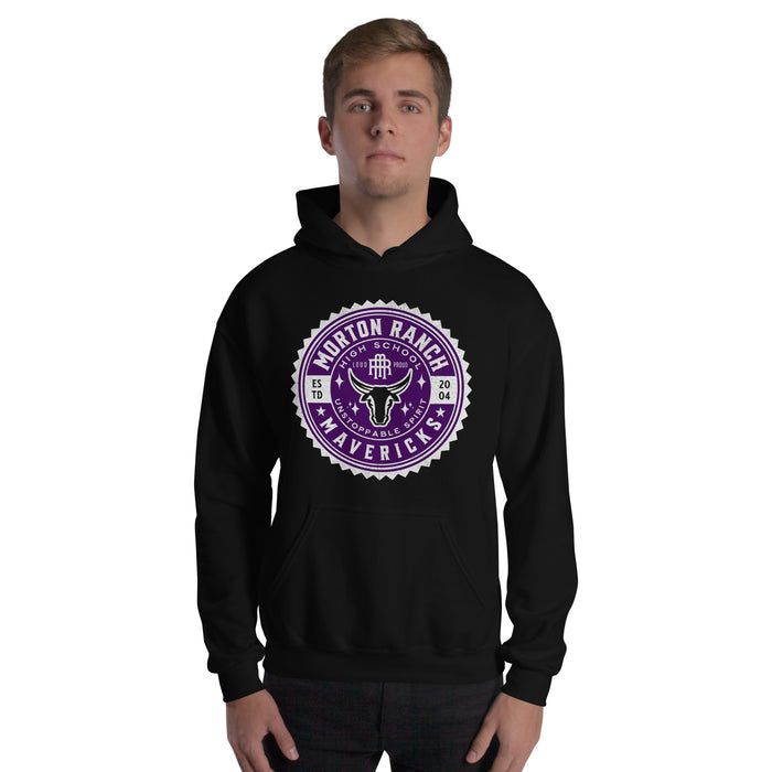 Man wearing a Morton Ranch High School Mavericks Black Classic Unisex Hoodie 213