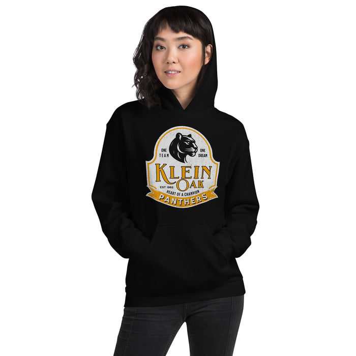 Woman wearing a Klein Oak High School Panthers Black Classic Unisex Hoodie 202