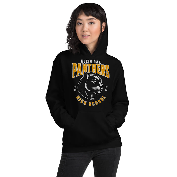 Woman wearing a Klein Oak High School Panthers Black Classic Unisex Hoodie 208