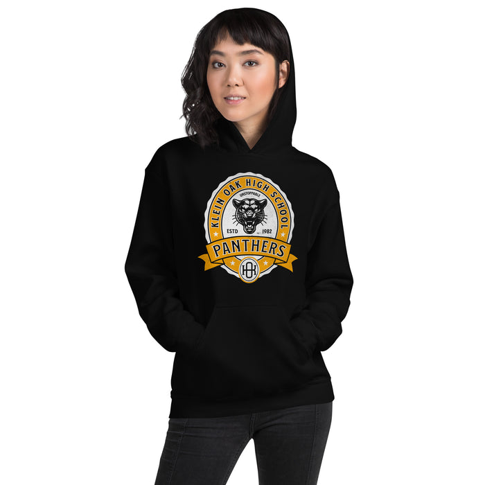 Woman wearing a Klein Oak High School Panthers Black Classic Unisex Hoodie 209