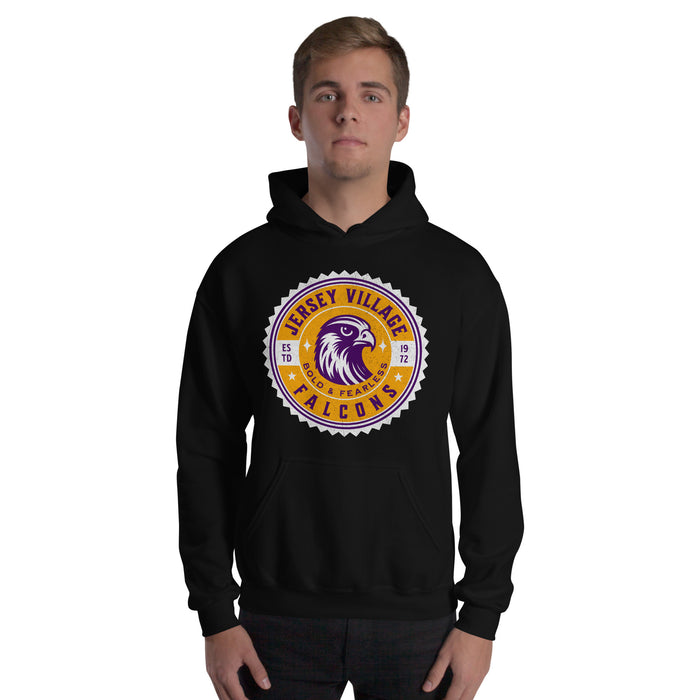 Man wearing a Jersey Village High School Falcons Black Classic Unisex Hoodie 201