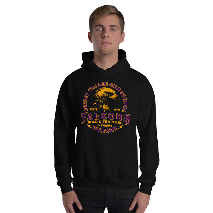 Man wearing a Jersey Village High School Falcons Black Classic Unisex Hoodie 209