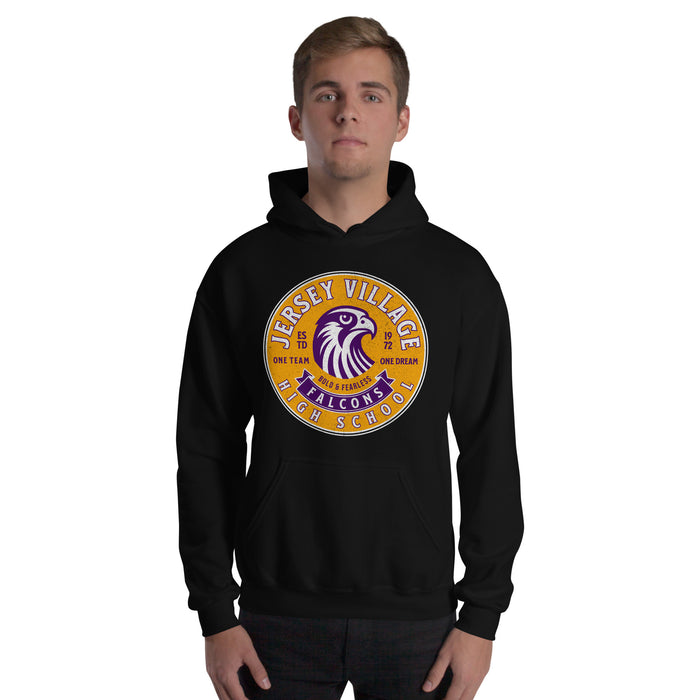 Man wearing a Jersey Village High School Falcons Black Classic Unisex Hoodie 210