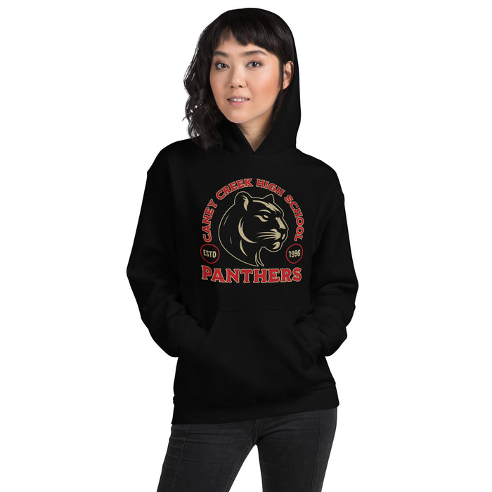 Woman wearing Caney Creek High School Panthers Black Classic Unisex Hoodie 208