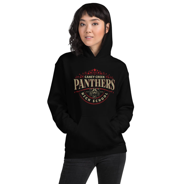 Woman wearing Caney Creek High School Panthers Black Classic Unisex Hoodie 213