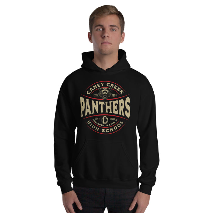 Man wearing Caney Creek High School Panthers Black Classic Unisex Hoodie 218