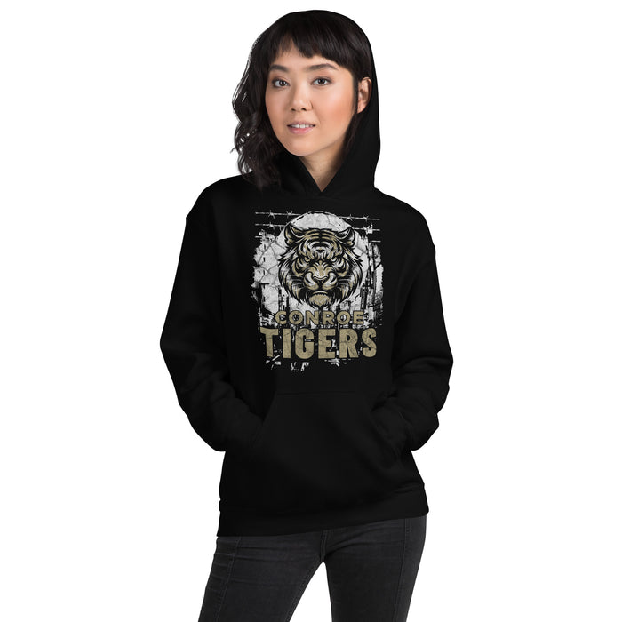 Woman wearing Conroe High School Tigers Black Classic Unisex Hoodie 202