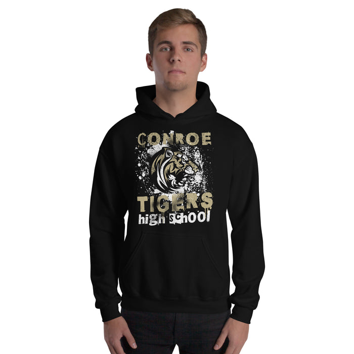 Man wearing Conroe High School Tigers Black Classic Unisex Hoodie 205