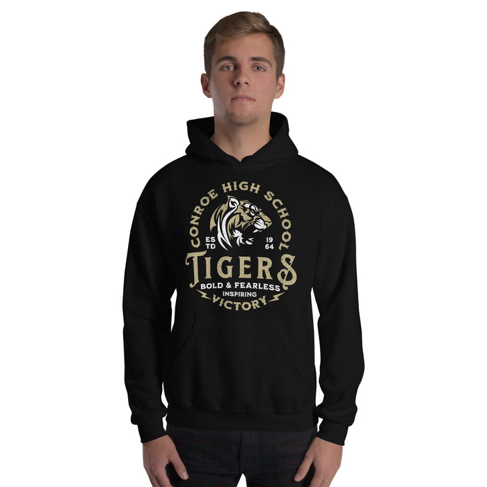 Man wearing Conroe High School Tigers Black Classic Unisex Hoodie 206