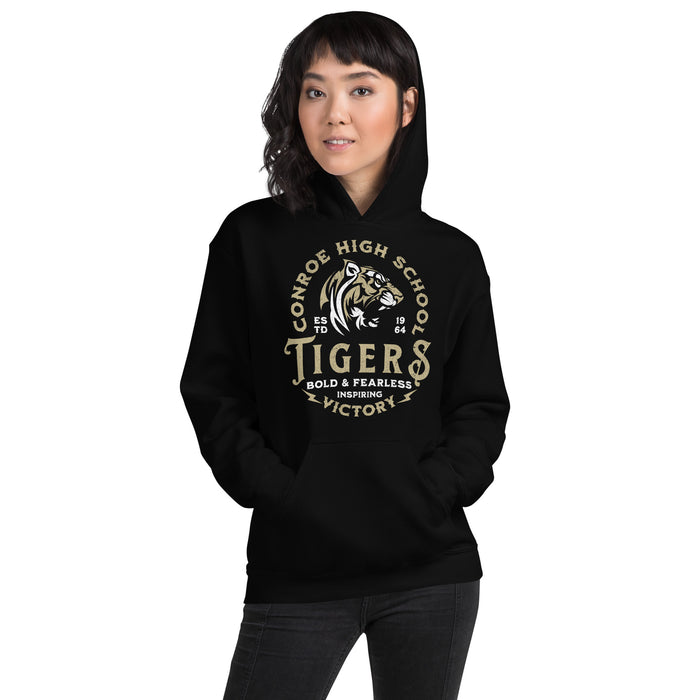 Woman wearing Conroe High School Tigers Black Classic Unisex Hoodie 206