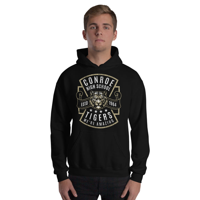 Man wearing Conroe High School Tigers Black Classic Unisex Hoodie 207