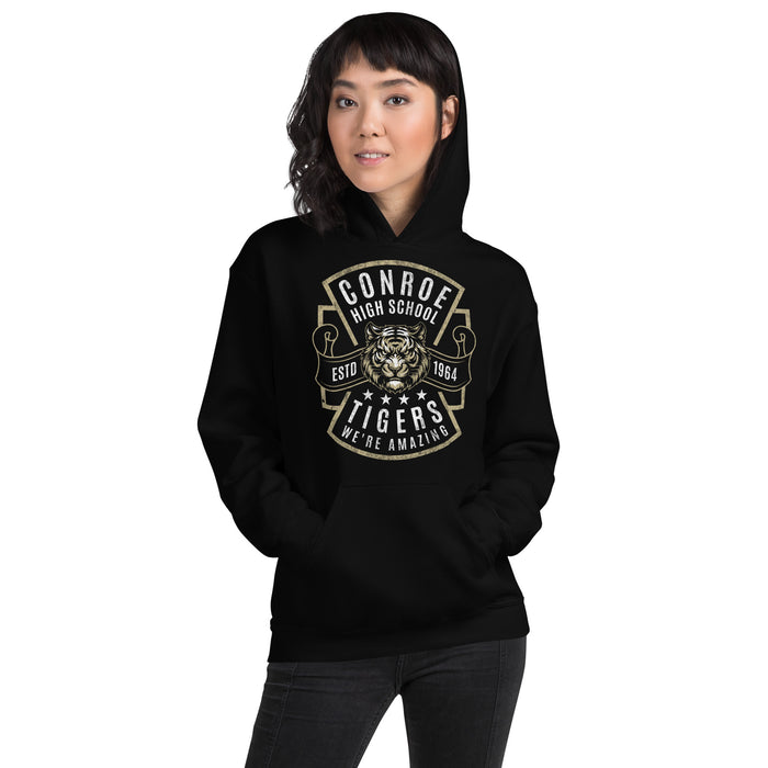 Woman wearing Conroe High School Tigers Black Classic Unisex Hoodie 207