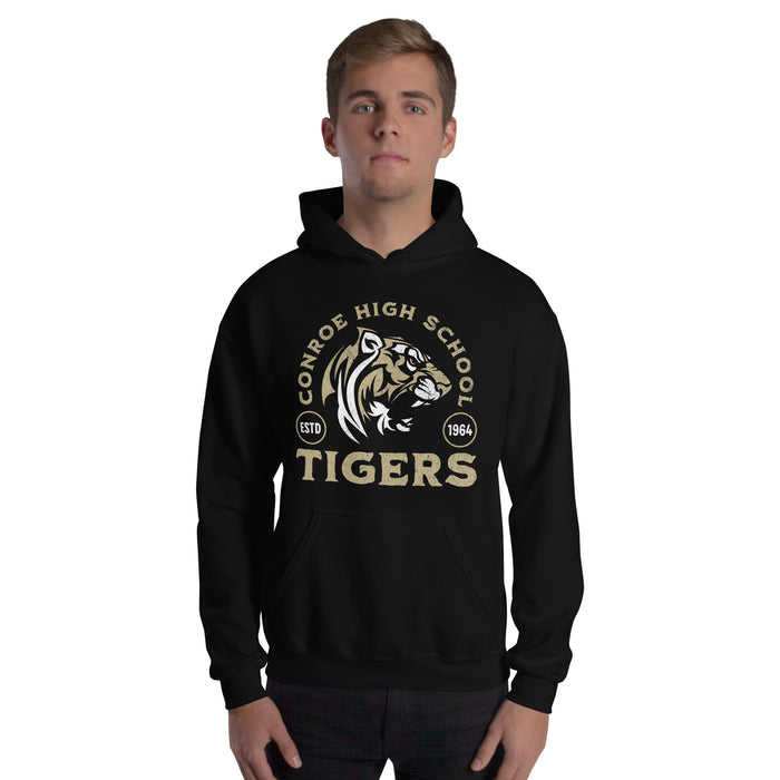 Man wearing Conroe High School Tigers Black Classic Unisex Hoodie 208