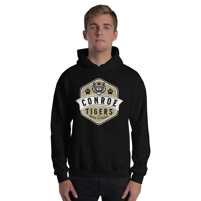 Man wearing Conroe High School Tigers Black Classic Unisex Hoodie 209