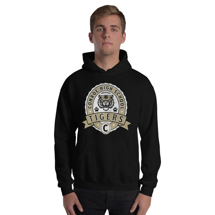 Man wearing Conroe High School Tigers Black Classic Unisex Hoodie 212