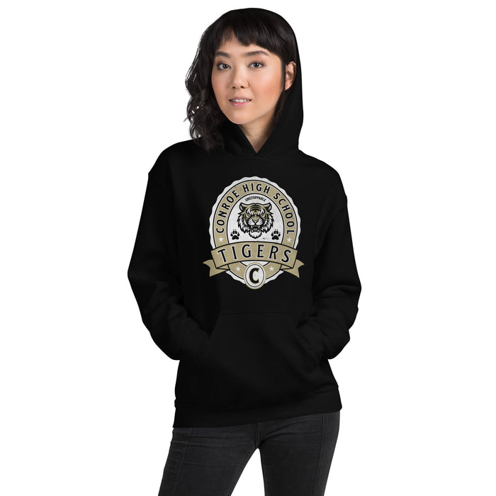 Woman wearing Conroe High School Tigers Black Classic Unisex Hoodie 212