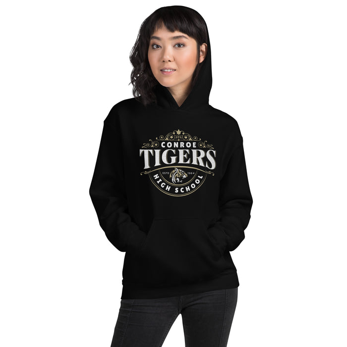 Woman wearing Conroe High School Tigers Black Classic Unisex Hoodie 213