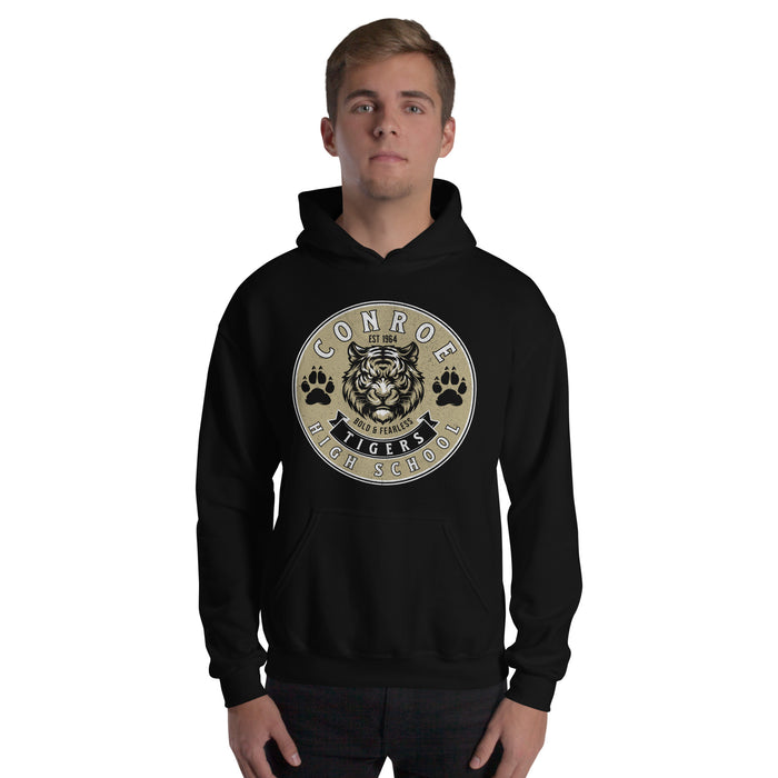 Man wearing Conroe High School Tigers Black Classic Unisex Hoodie 215