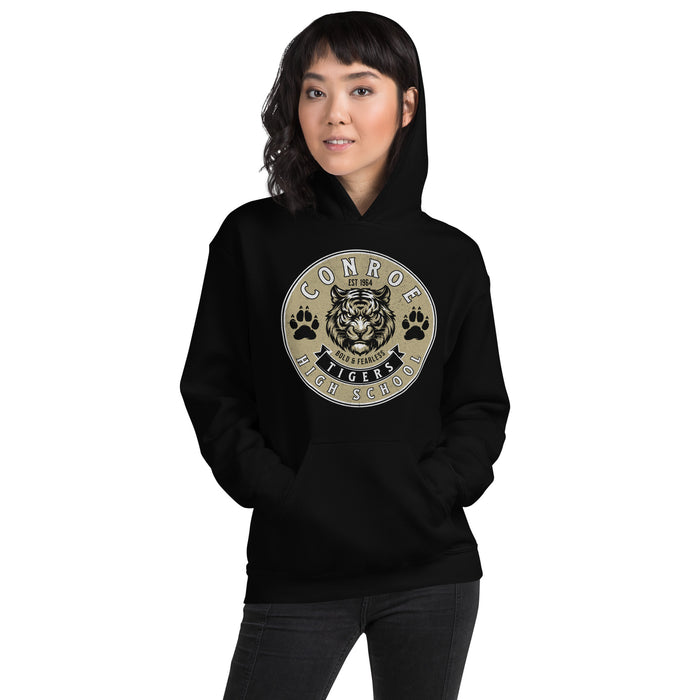 Woman wearing Conroe High School Tigers Black Classic Unisex Hoodie 215