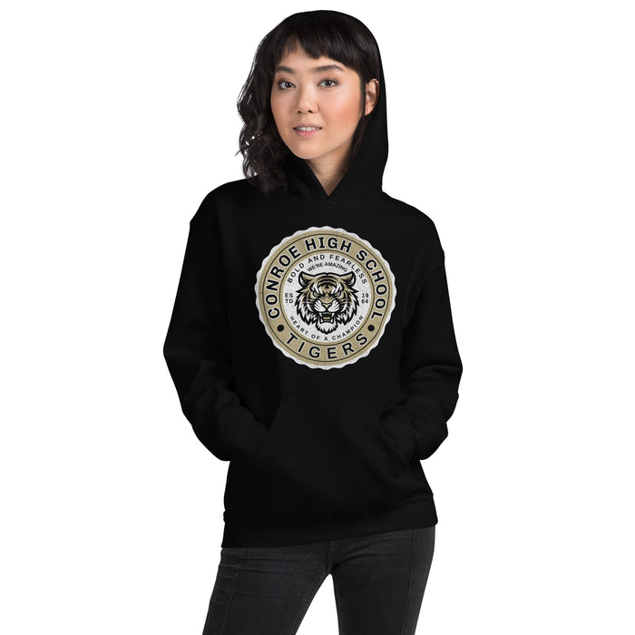 Woman wearing Conroe High School Tigers Black Classic Unisex Hoodie 216 