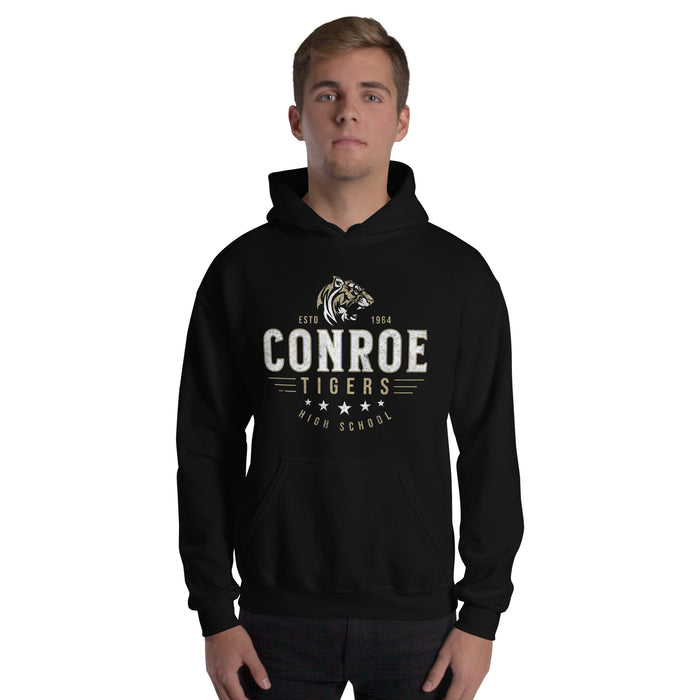 Man wearing Conroe High School Tigers Black Classic Unisex Hoodie 217