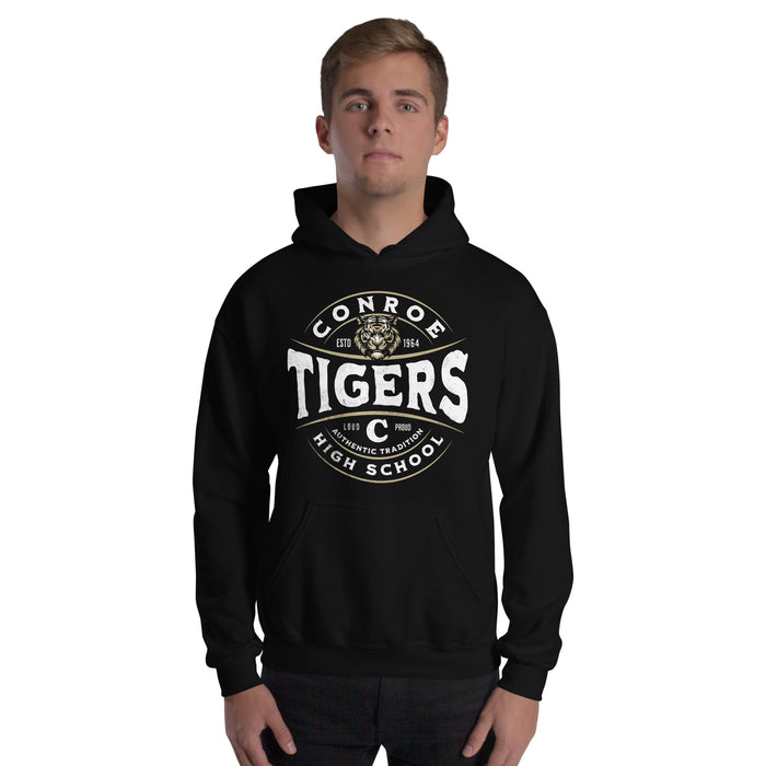 Man wearing Conroe High School Tigers Black Classic Unisex Hoodie 218