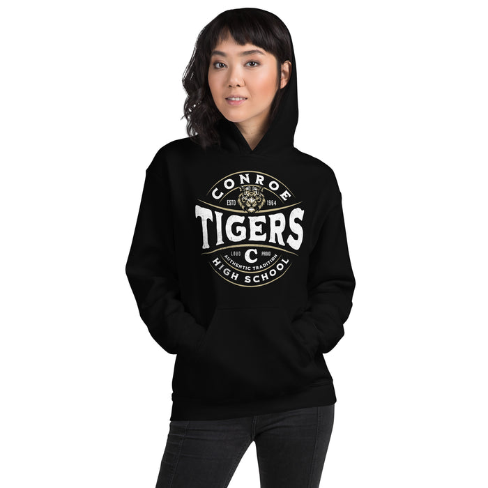 Woman wearing Conroe High School Tigers Black Classic Unisex Hoodie 218