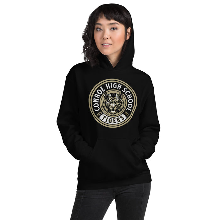 Woman wearing Conroe High School Tigers Black Classic Unisex Hoodie 220