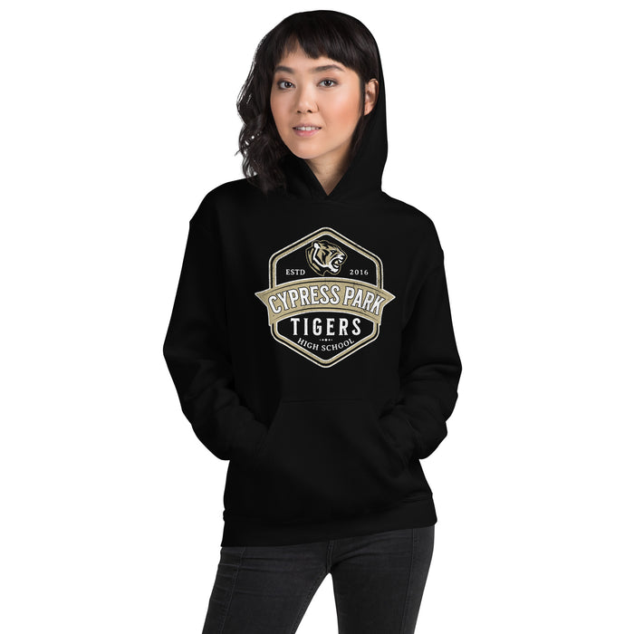 Woman wearing Cypress Park High School Tigers Black Classic Unisex Hoodie 209