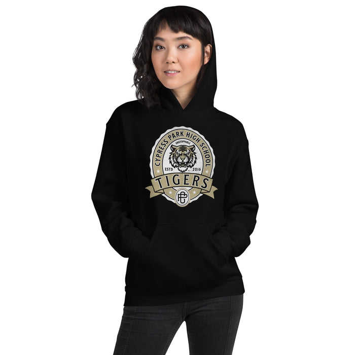 Woman wearing Cypress Park High School Tigers Black Classic Unisex Hoodie 212