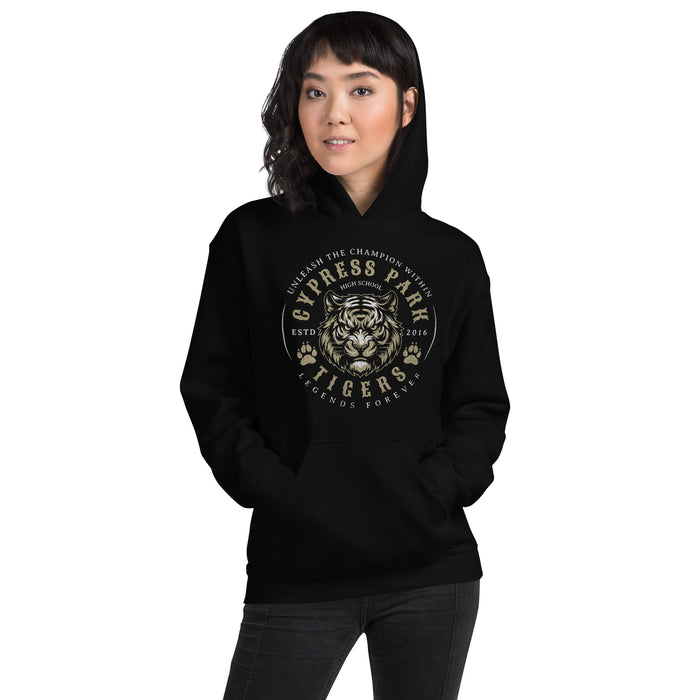 Woman wearing Cypress Park High School Tigers Black Classic Unisex Hoodie 214