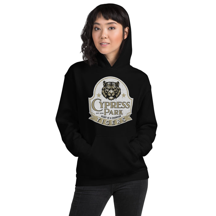 Woman wearing Cypress Park High School Tigers Black Classic Unisex Hoodie 219