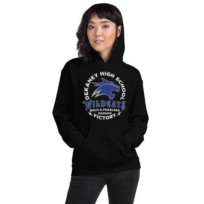 Woman wearing Dekaney High School Wildcats Black Classic Unisex Hoodie 206Close-up view of Dekaney High School Wildcats Black Classic Unisex Hoodie 206