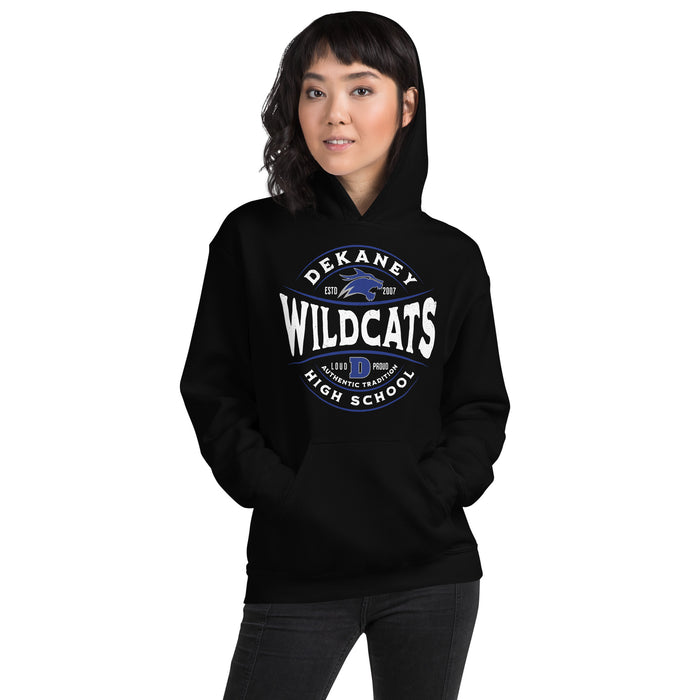 Woman wearing Dekaney High School Wildcats Black Classic Unisex Hoodie 218