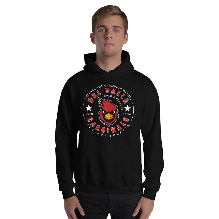 Man wearing Del Valle High School Cardinals Black Classic Unisex Hoodie 214