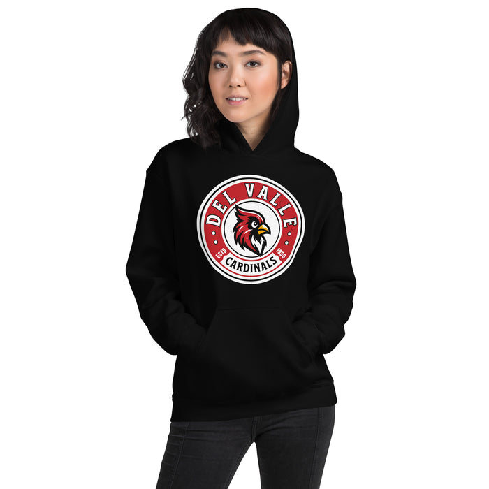 Woman wearing Del Valle High School Cardinals Black Classic Unisex Hoodie 220