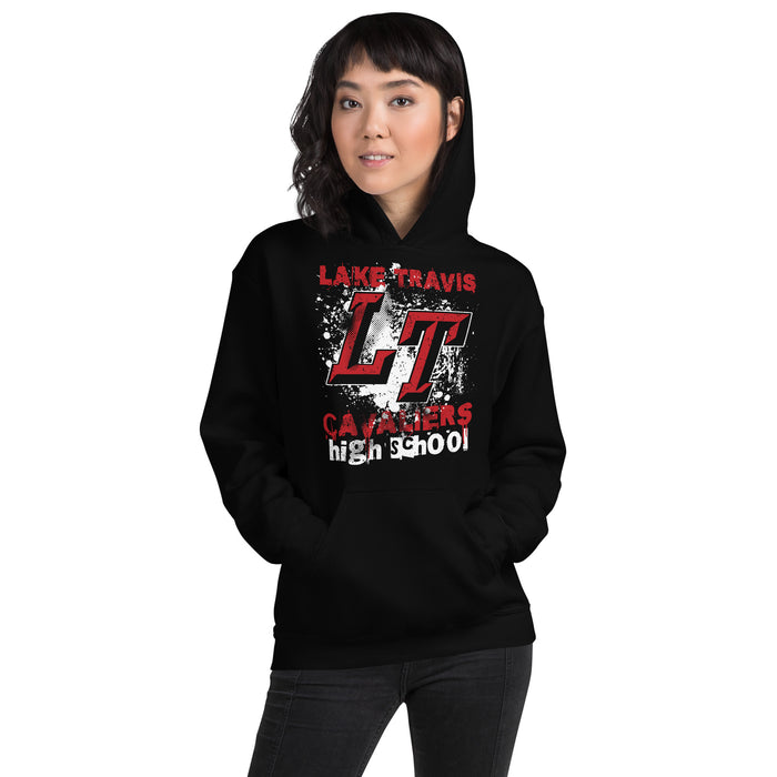 Woman wearing Lake Travis High School Cavaliers Black Classic Unisex Hoodie 205