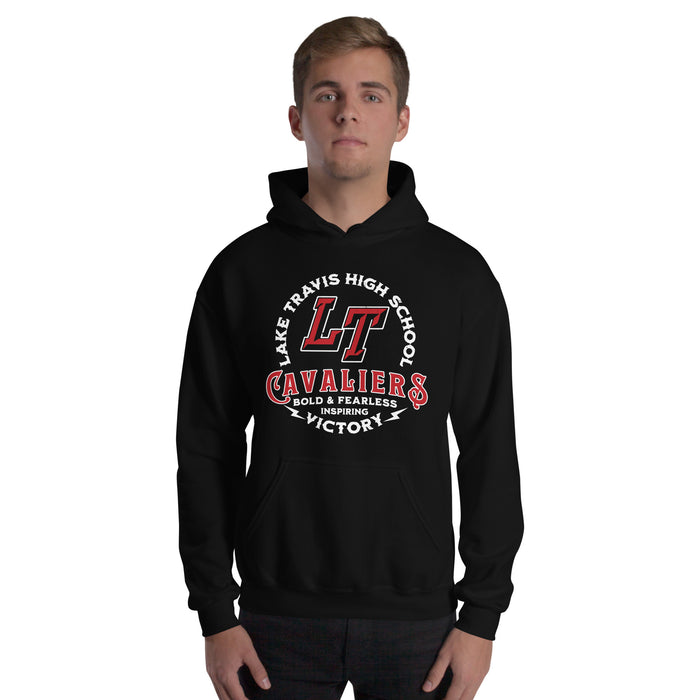 Man wearing Lake Travis High School Cavaliers Black Classic Unisex Hoodie 206